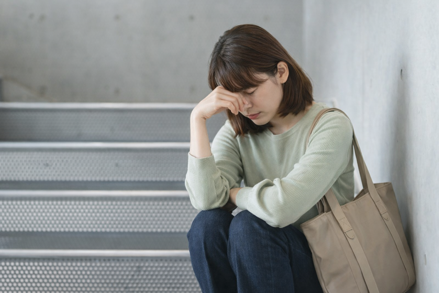 階段で頭を抱えている女性